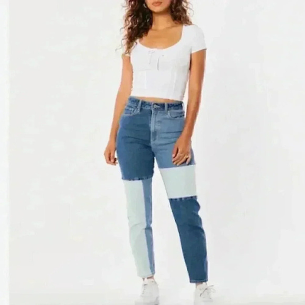 New Hollister Color Block Patchwork Jeans Juniors pants Sz 24” X‎ 27” NWT